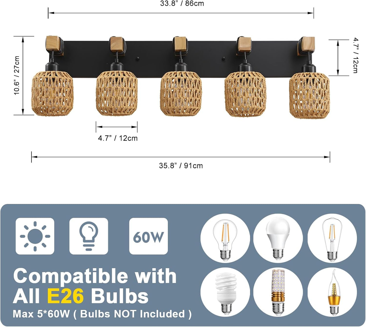Lámpara de baño 5 luces rústica madera y mimbre estilo farmhouse – Vanity Wall Light