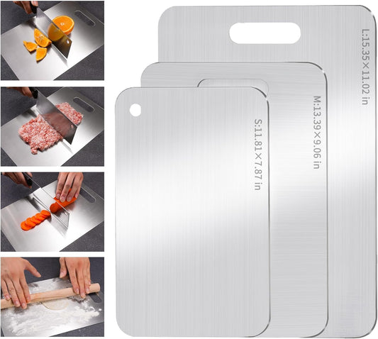 Set de 3 tablas de cortar acero inoxidable 38.9×28×1.5 cm / 34×22.9×1.5 cm / 30×20×1.5 cm – Stainless Steel