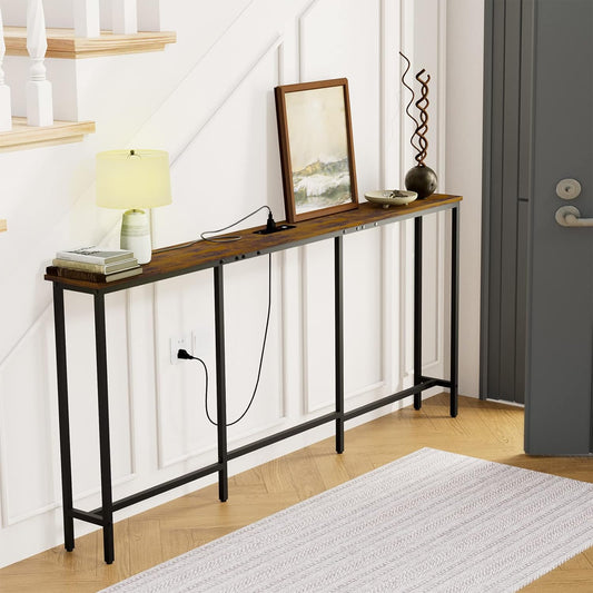 Mesa de entrada ó de sofa estrecha de madera, con estación de carga (tomas y USB).
