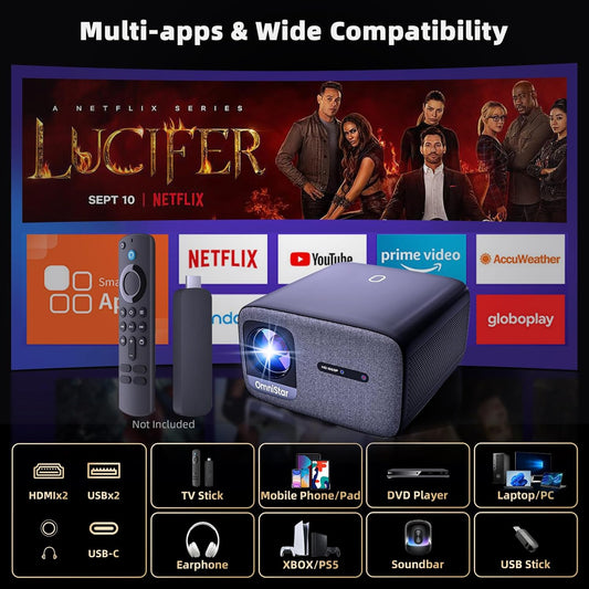 Proyector con WiFi y Bluetooth 1080P Full HD con parlante de 60W, 1500 ANSI, compatible con iOS/Android/HDMI/USB OmniStar