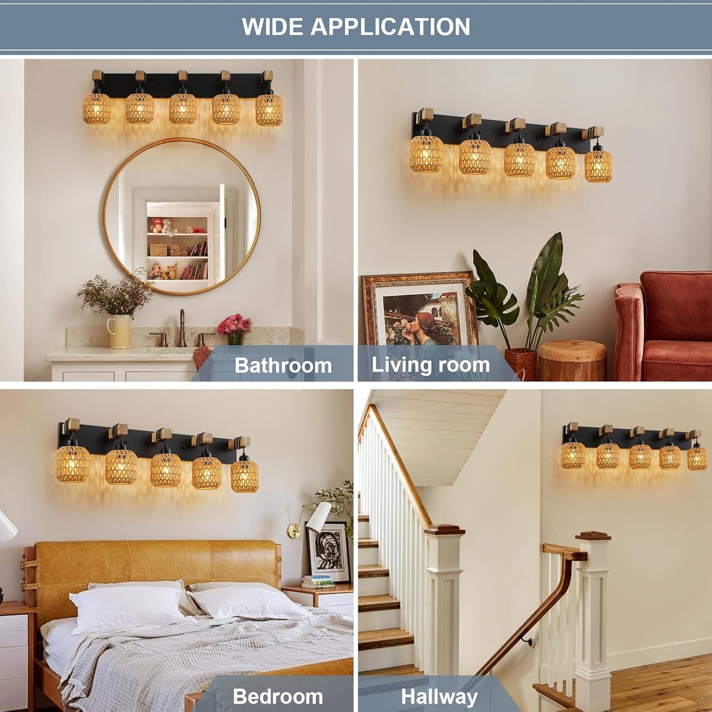Lámpara de baño 5 luces rústica madera y mimbre estilo farmhouse – Vanity Wall Light