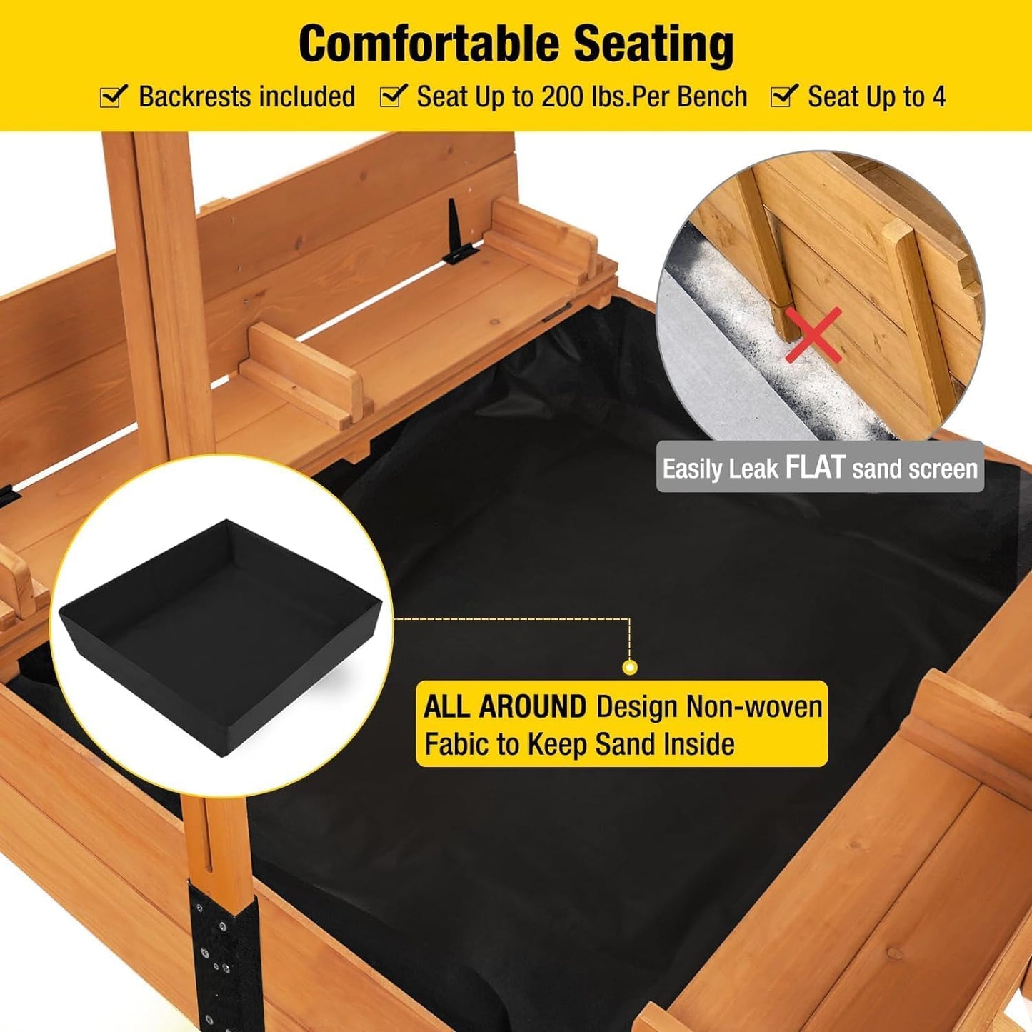 Caja de arena plegable para hasta 4 niños 120×120×132 cm con cubierta y bancos – Aivituvin