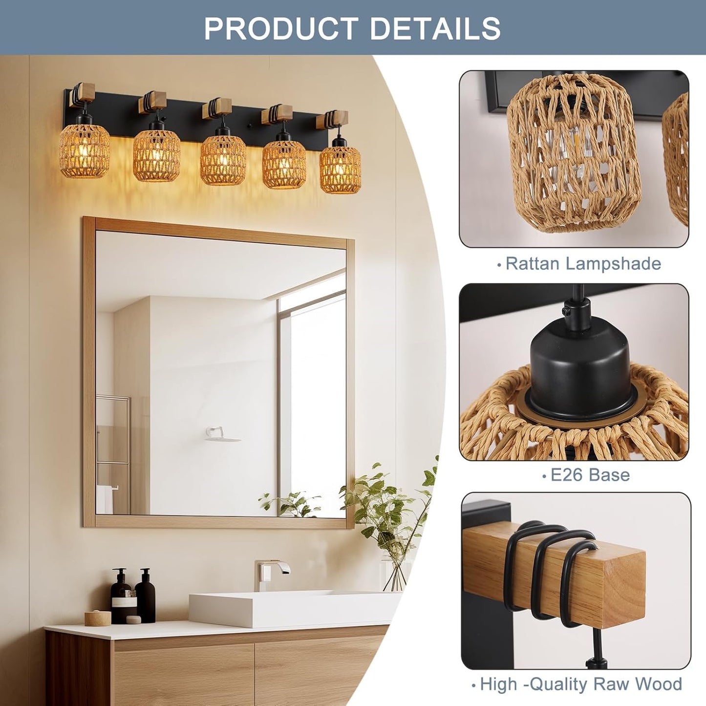 Lámpara de baño 5 luces rústica madera y mimbre estilo farmhouse – Vanity Wall Light