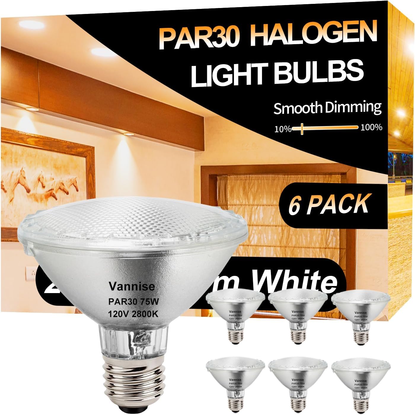 Juego de 6 bombillos halogenos, regulables,blanco calido 2800K, 75W con base E26/E27