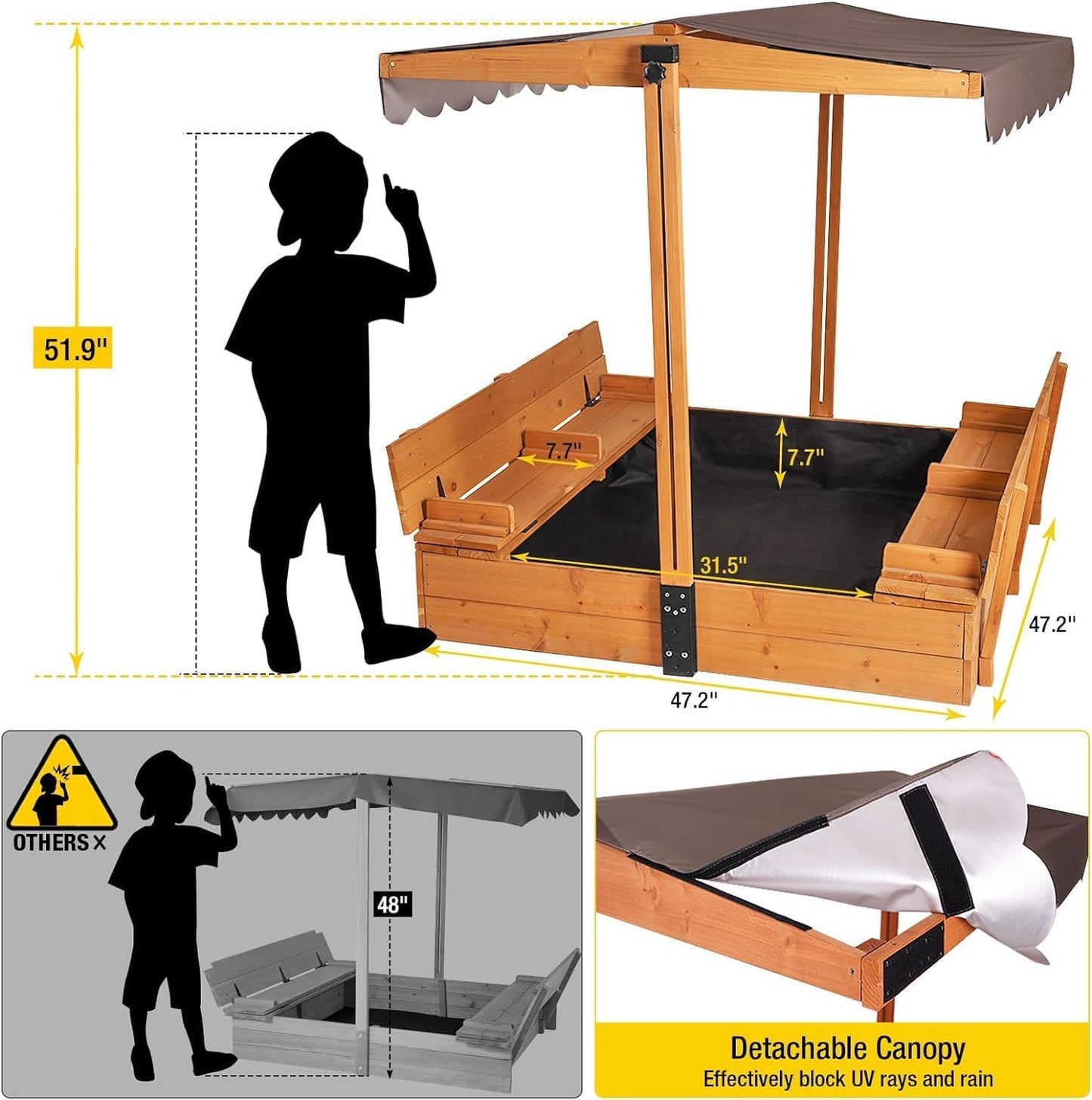 Caja de arena plegable para hasta 4 niños 120×120×132 cm con cubierta y bancos – Aivituvin