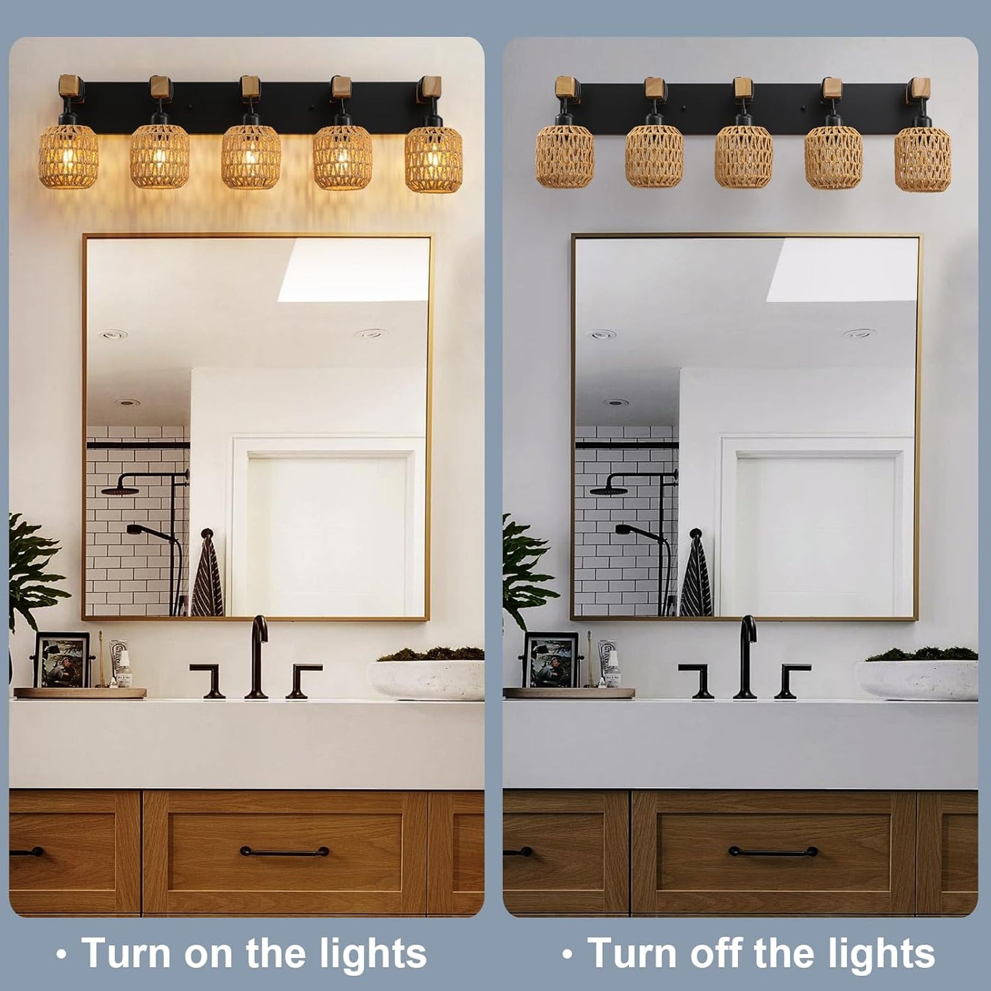Lámpara de baño 5 luces rústica madera y mimbre estilo farmhouse – Vanity Wall Light