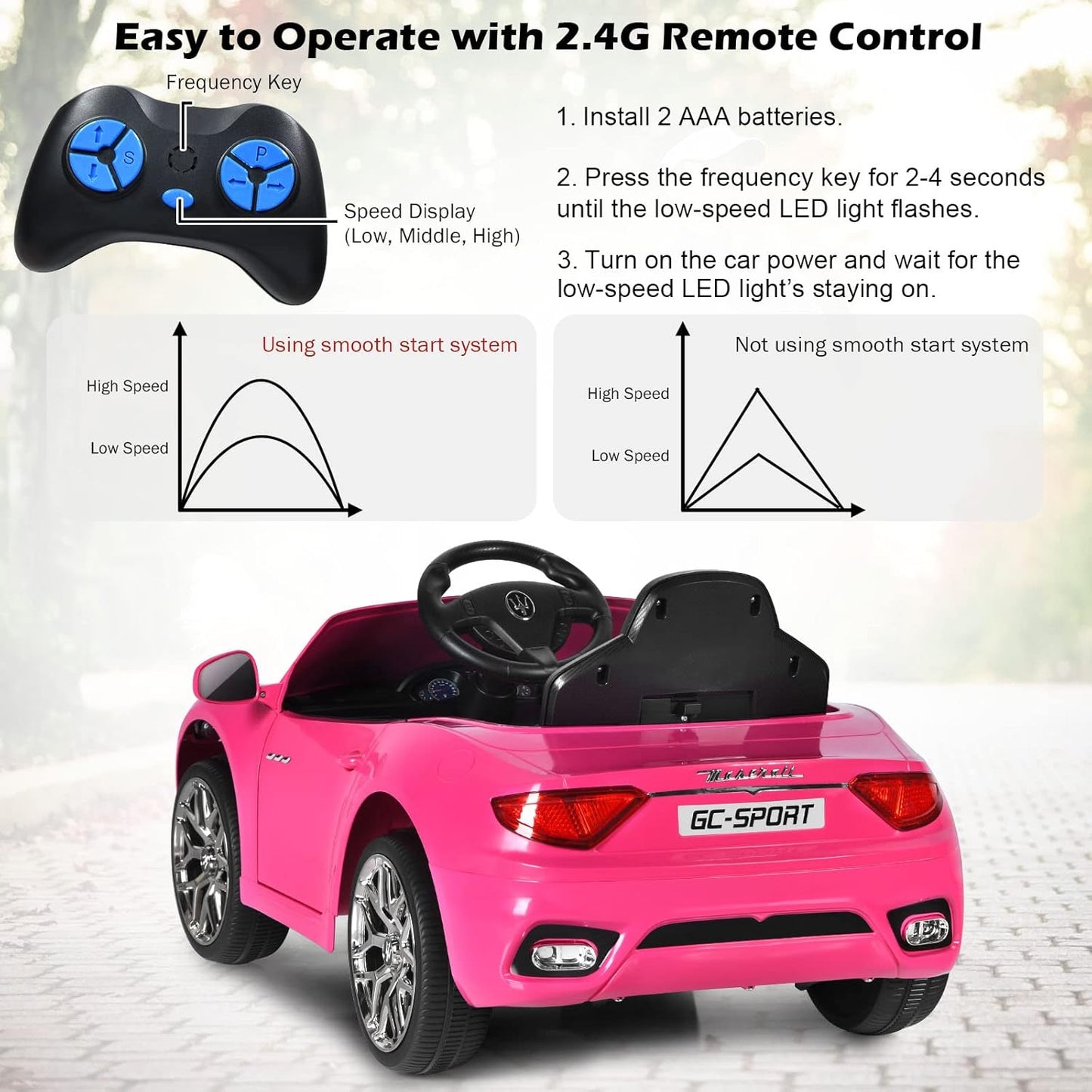 Auto eléctrico para niña, rosado con control remoto 12V 120×65×55 cm – Licenciado Maserati