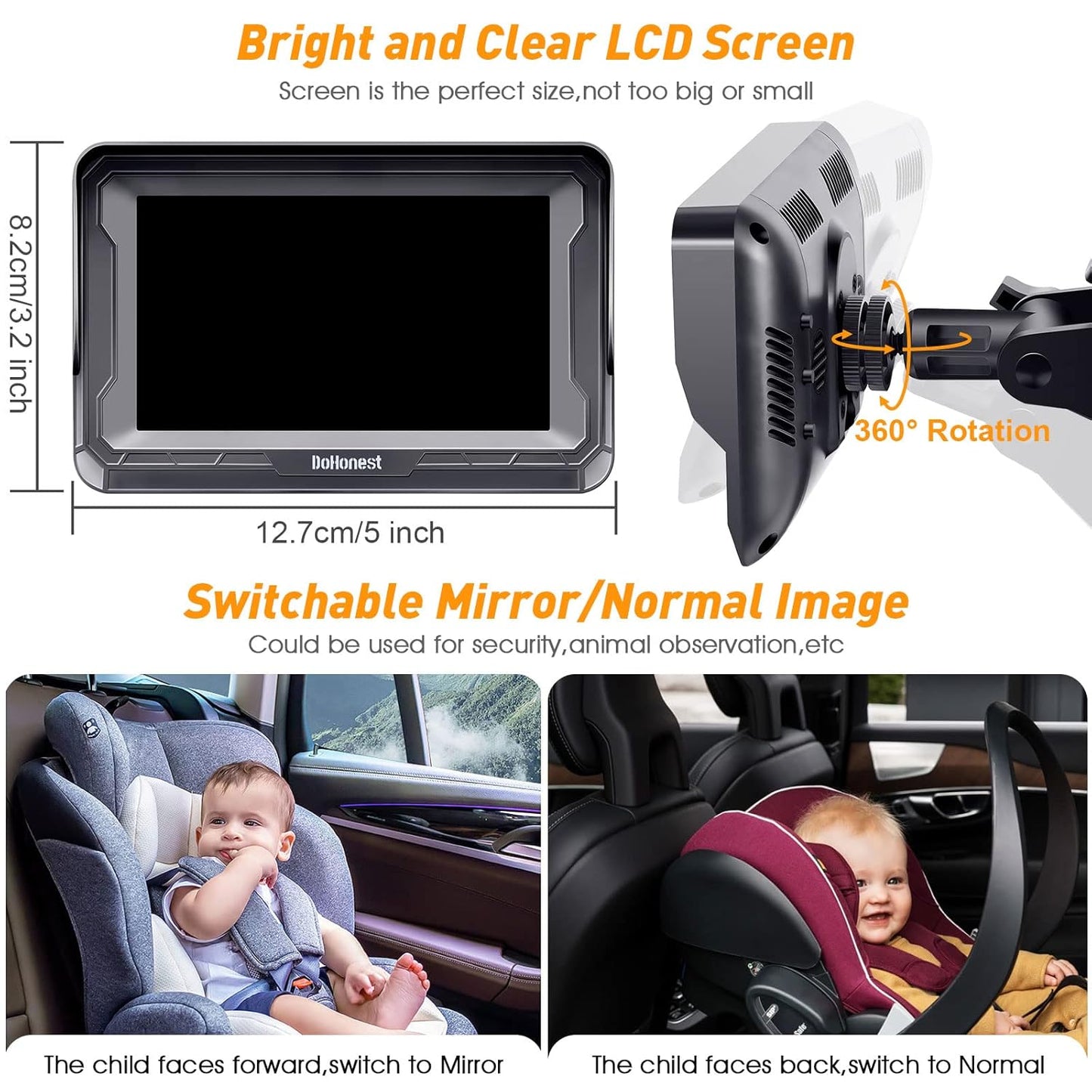 Cámara de Carro para Bebé 1080P – Monitor con Visión Nocturna para Silla Trasera. DoHonest