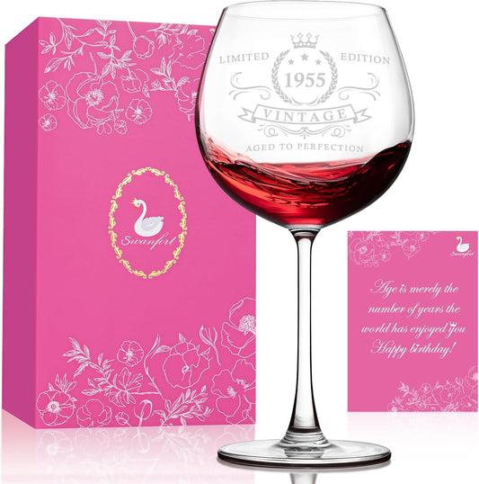 Copa de vino para regalo de cumpleaños para mujeres nacidas en 1955, con embalaje de lujo. Swanfort