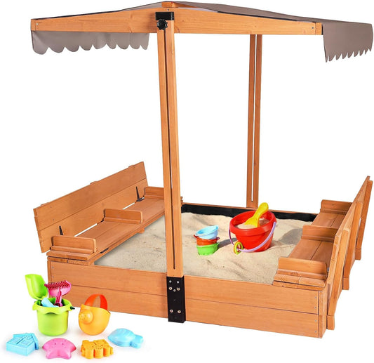 Caja de arena plegable para hasta 4 niños 120×120×132 cm con cubierta y bancos – Aivituvin