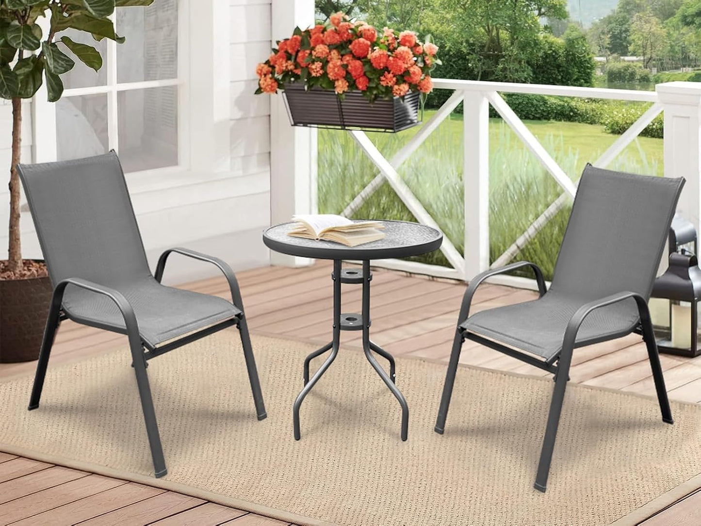 Juego de 2 sillas y mesa de centro para patio, marco de metal, mesa con superficie de vidrio templado.