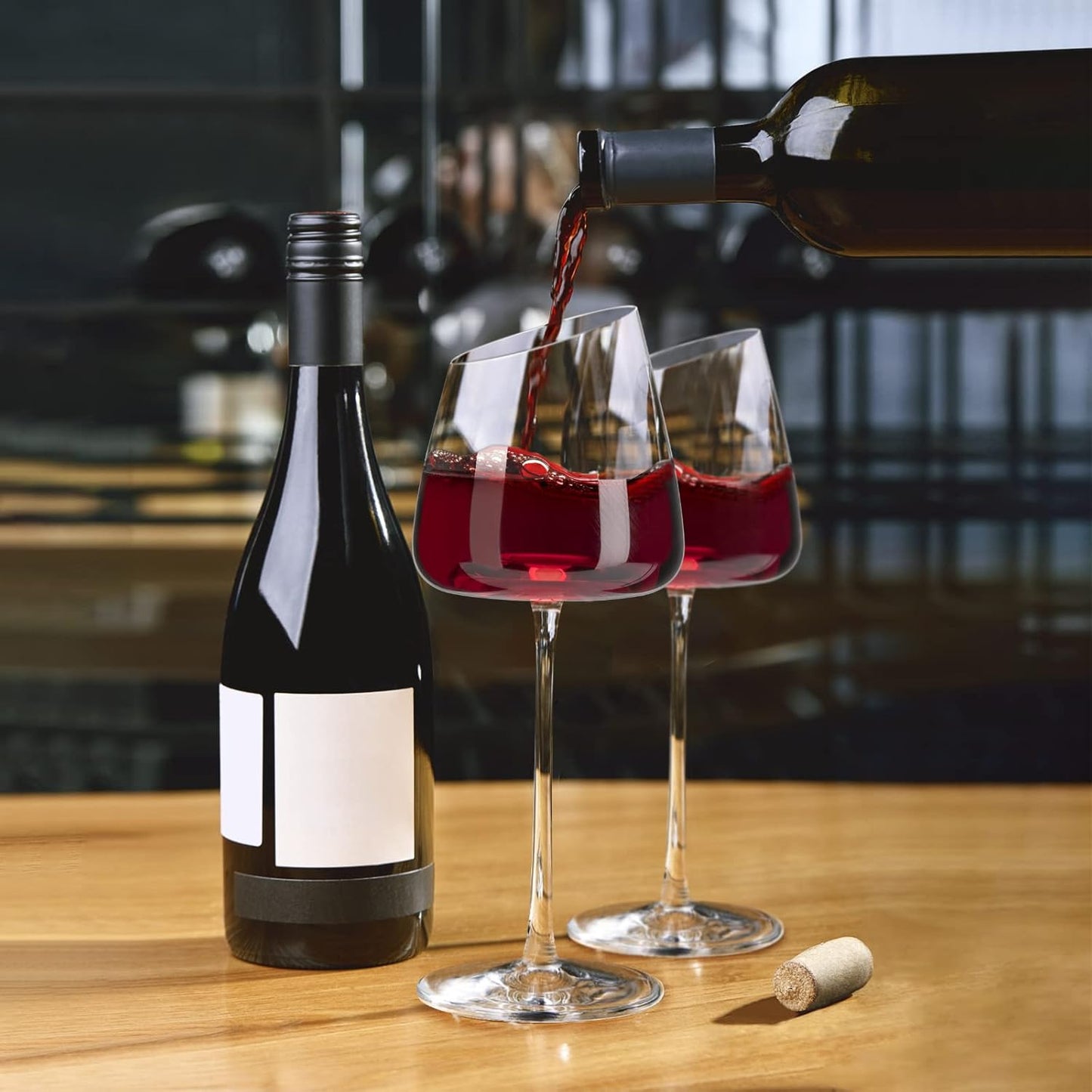 Juego de 3 copas de vino de cristal, elegantes de tallo largo sopladas a mano con base cóncava. IMPAGEL