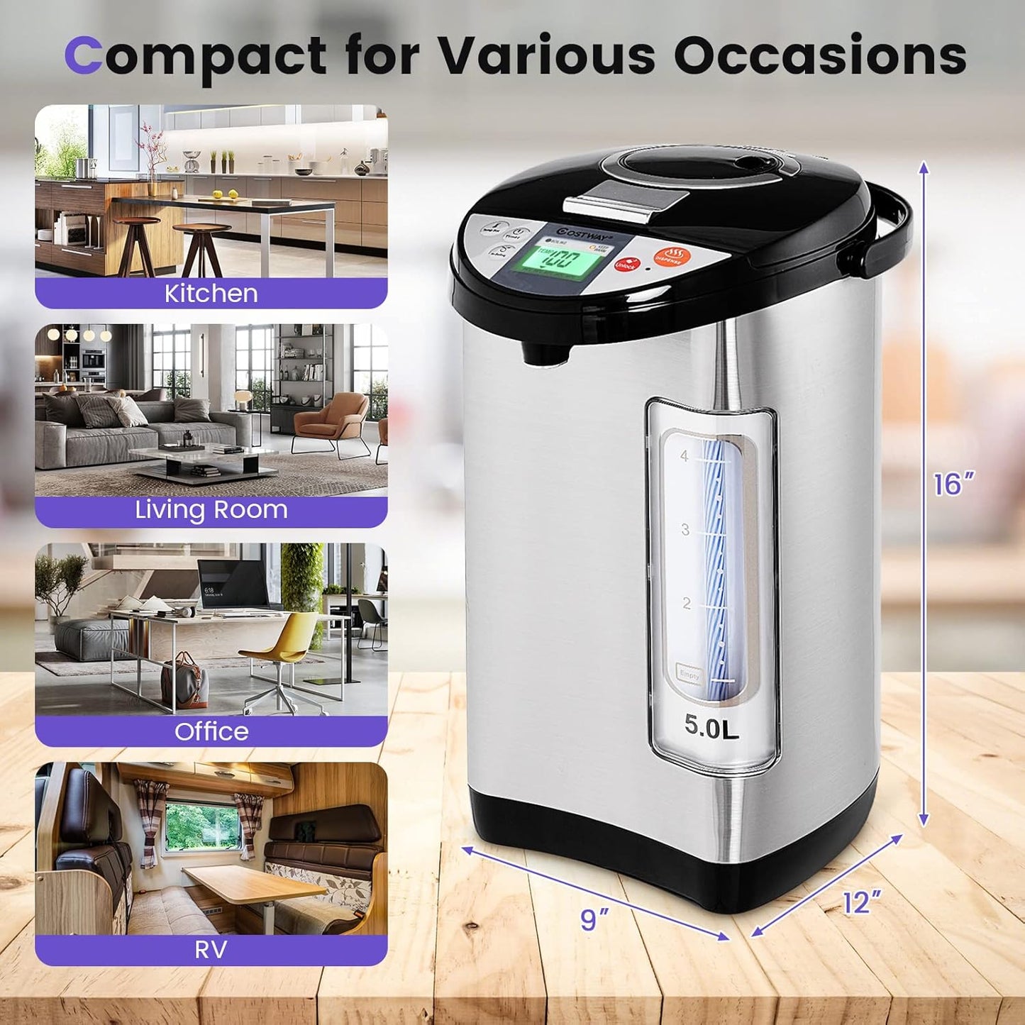 Dispensador de Agua Caliente Eléctrico COSTWAY 5 L – Hervidor con Control de Temperatura