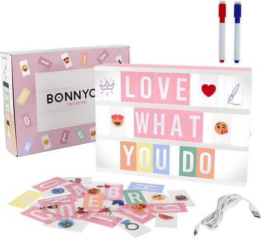 Caja/Letrero de luz con 400 letras, emojis y 2 marcadores.  BONNYCO