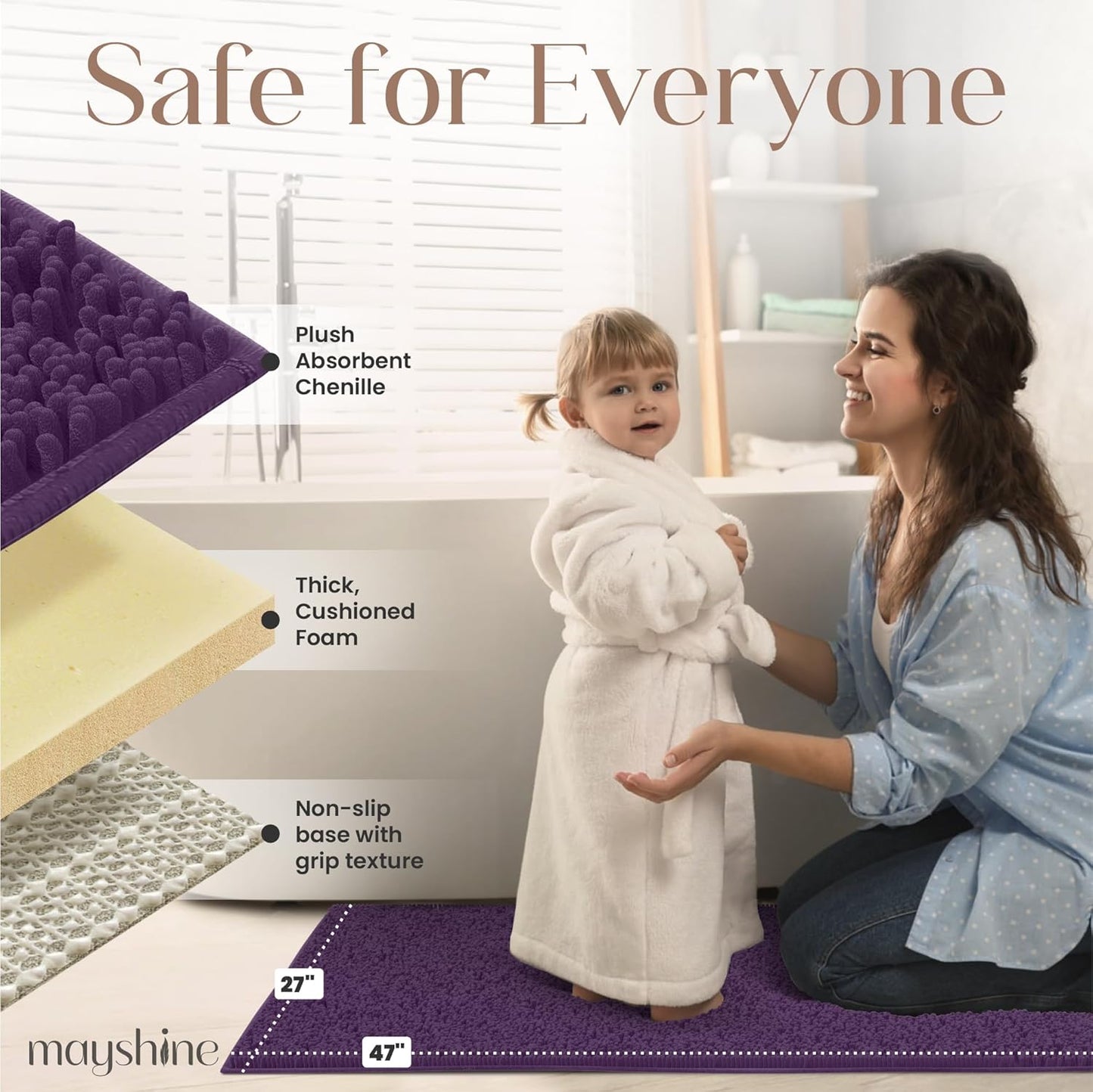 Alfombra de baño morada de microfibra chenille ultra suave y absorbente. MAYSHINE