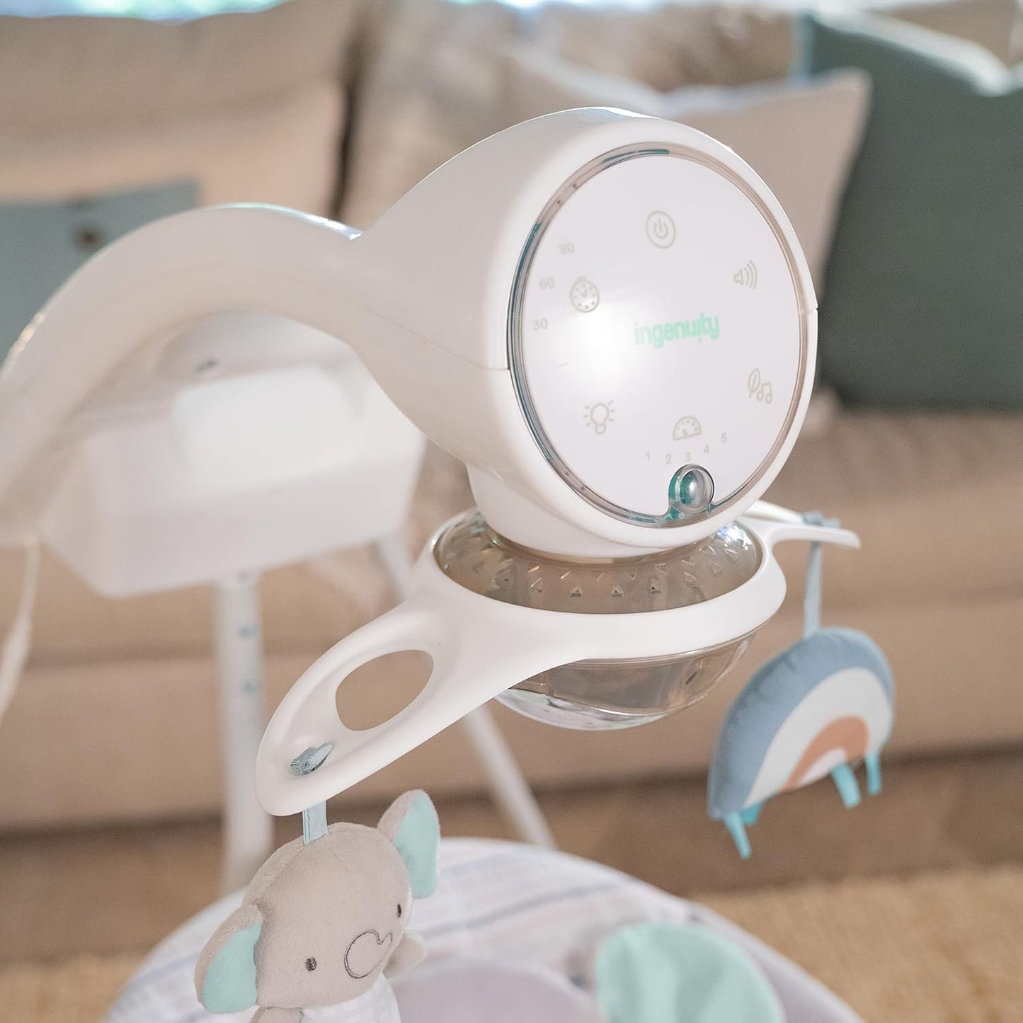 Columpio para Bebes Motorizado 5 Velocidades con Móvil Luminoso, Sonidos y Reclinable. Ingenuity InLighten