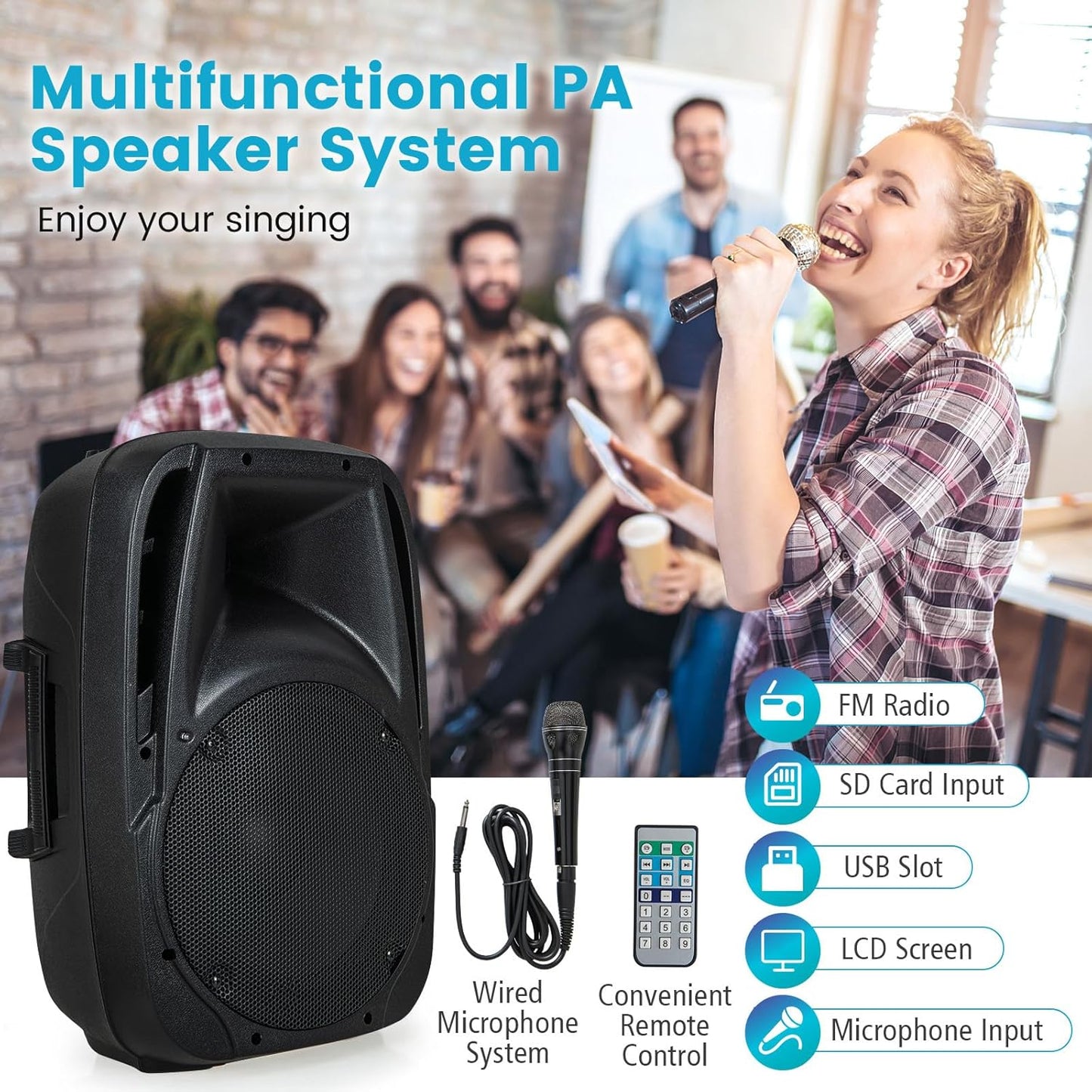 Sistema de altavoces PA 150W RMS con altavoz activo + pasivo 30×27×42 cm – Costzon