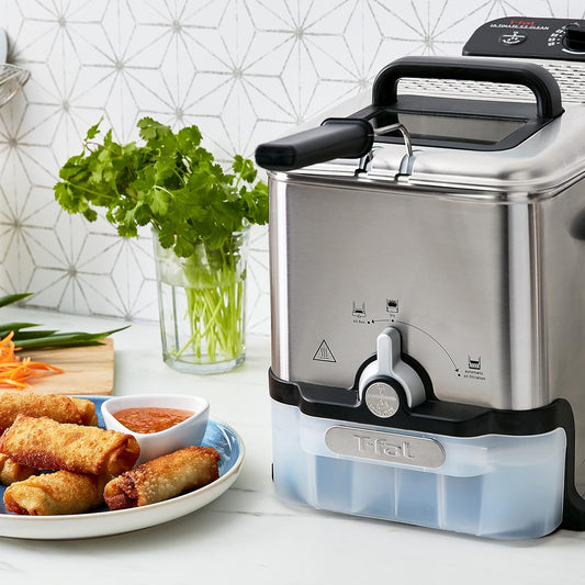 Freidora de aceite de acero inóxidable de 3.5 litros con sistema de filtrado automotica. T-fal