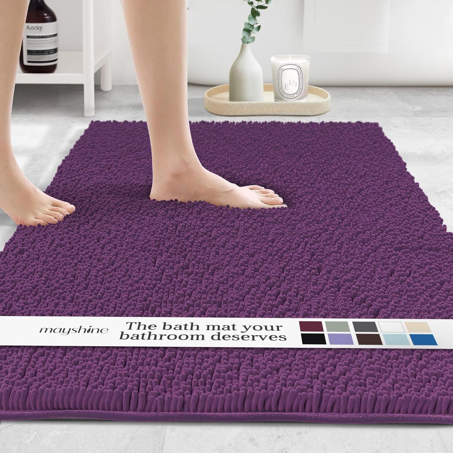 Alfombra de baño morada de microfibra chenille ultra suave y absorbente. MAYSHINE