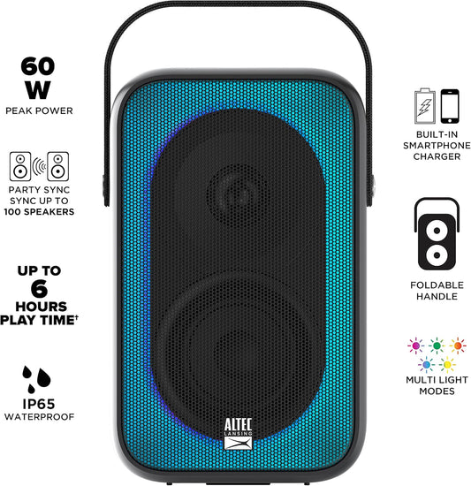Parlante portatil de 60W, resistente al agua IP65, contra polvo, recargable, con luces. Altec Shockwave