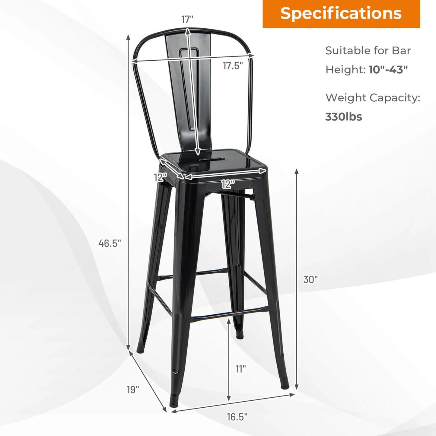 Set de 4 sillas altas de metal con respaldo, altura 76 cm (30") 46×43×117 cm – Costway