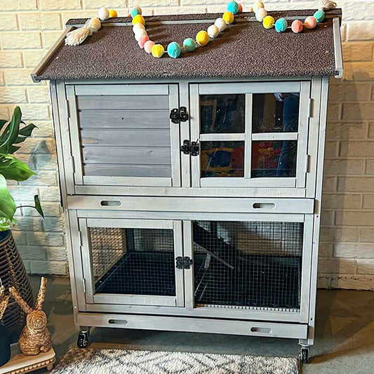 Casita de 2 pisos para conejos 135 × 60 × 97 cm con bandeja extraíble profunda – Aivituvin