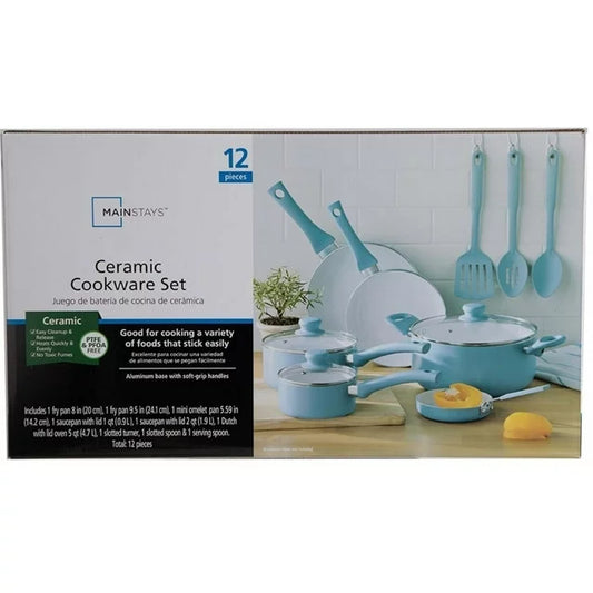 Juego de ollas, sartenes y utensilios, ceramica antiadherente, color turquesa 12 piezas. Mainstays