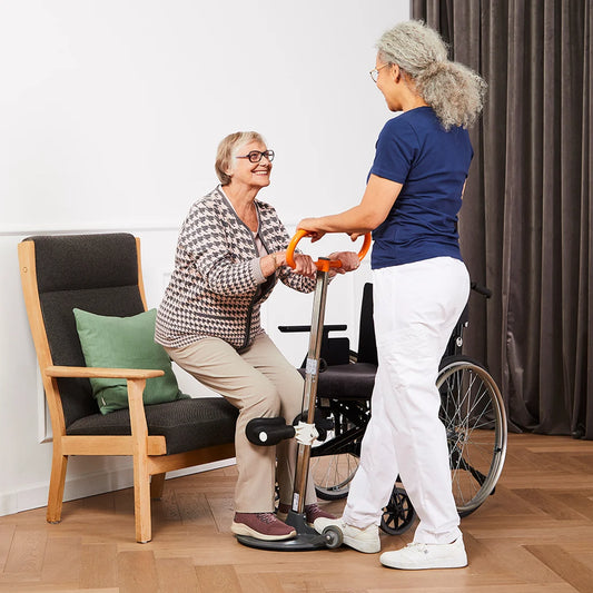 Soporte giratorio para ayudar a personas con discapacidad a girar y transferir. ETAC Turner Pro