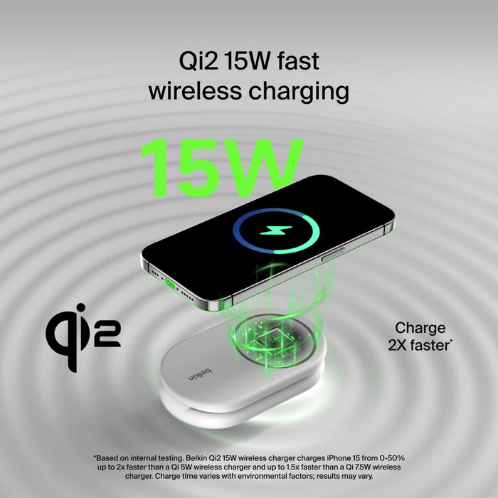 Cargador inalambrico Belkin con BoostCharge 2 en 1, de 15W, Qi2 y MagSafe. Belkin