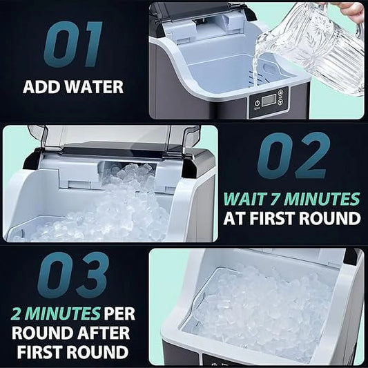 Máquina de hielo tipo “nugget” con función de auto-limpieza, producción rápida,  sencillo de usar.