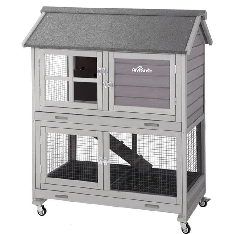 Casita de 2 pisos para conejos 135 × 60 × 97 cm con bandeja extraíble profunda – Aivituvin