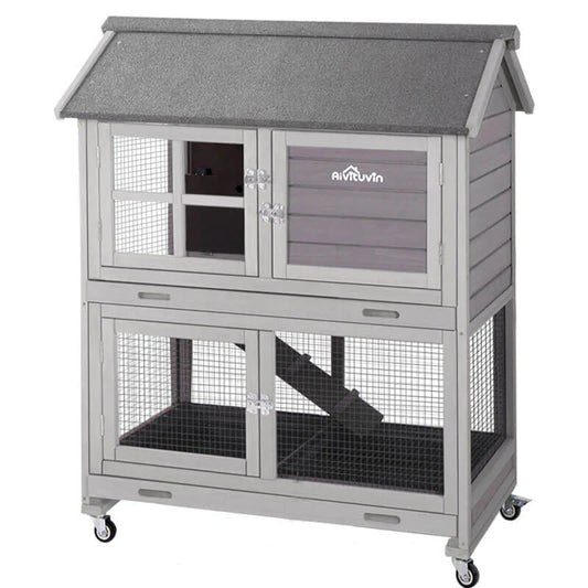 Casita de 2 pisos para conejos 135 × 60 × 97 cm con bandeja extraíble profunda – Aivituvin