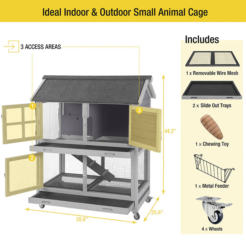 Casita de 2 pisos para conejos 135 × 60 × 97 cm con bandeja extraíble profunda – Aivituvin