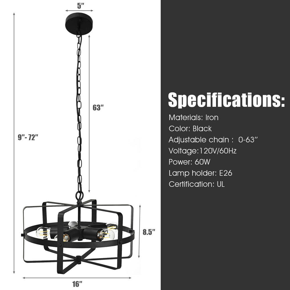 Lámpara Colgante Industrial Costway de 5 Luces Drum Metal Black